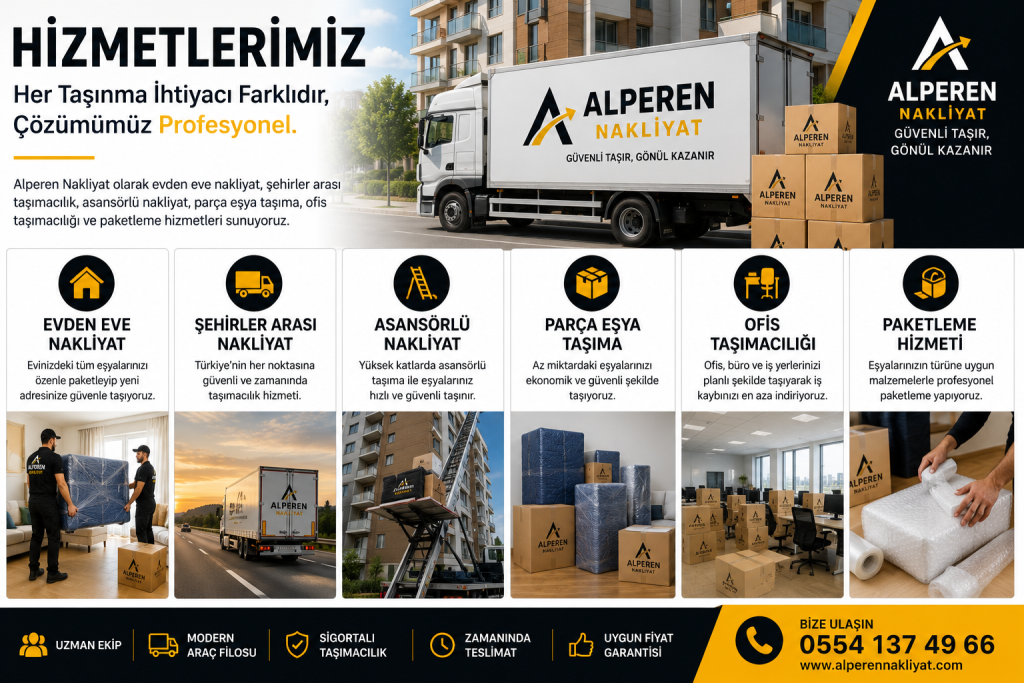 Alperen Nakliyat'ın evden eve, şehirler arası, asansörlü nakliyat, parça eşya, ofis taşımacılığı ve paketleme hizmetlerini gösteren profesyonel hizmet görseli.